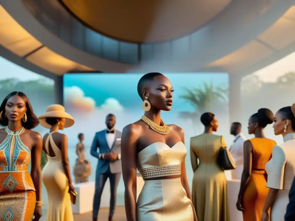 Redes sociales moda lujo africana: Evento de moda de lujo en África con asistentes elegantes y decoración africana