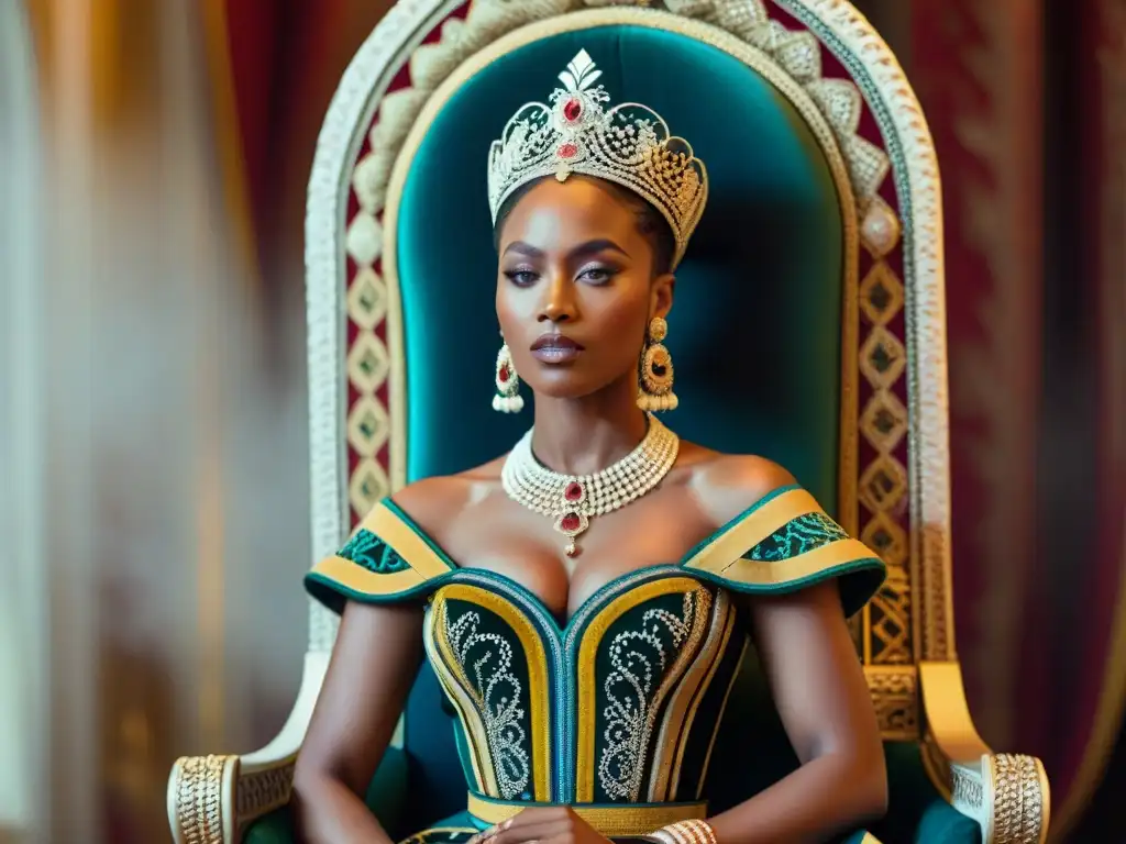 La reina africana realza su majestuosidad en su trono, representando los roles de la realeza africana