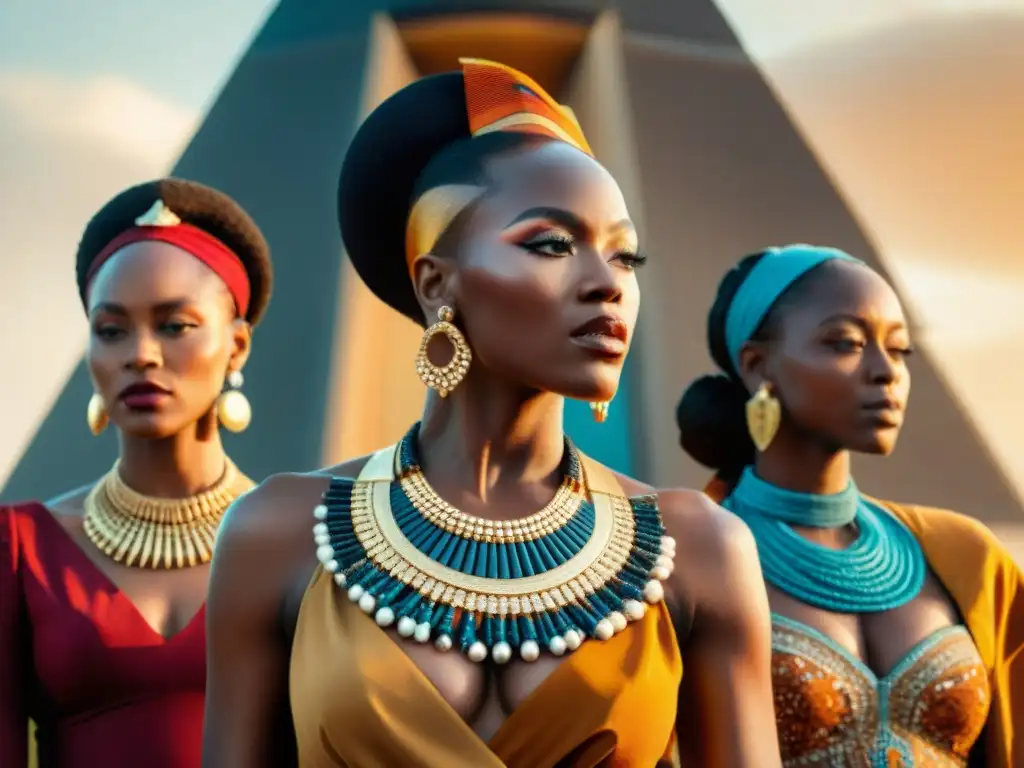 Reinas africanas legado influencia global: Un grupo de reinas africanas con trajes vibrantes y joyas, orgullosas frente a un monumento histórico