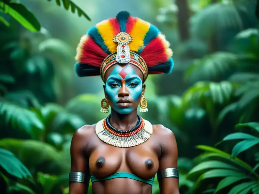 Reinas guerreras de África Central precolonial en la exuberante jungla, emitiendo fuerza y liderazgo con su armadura tradicional y decoración facial