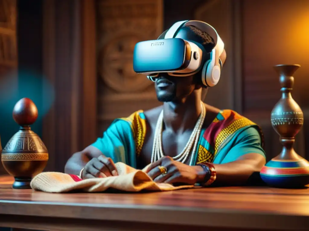 Inmersión en los Reinos Africanos: detallada imagen de un visor de realidad virtual rodeado de arte y cultura africana en una mesa de madera