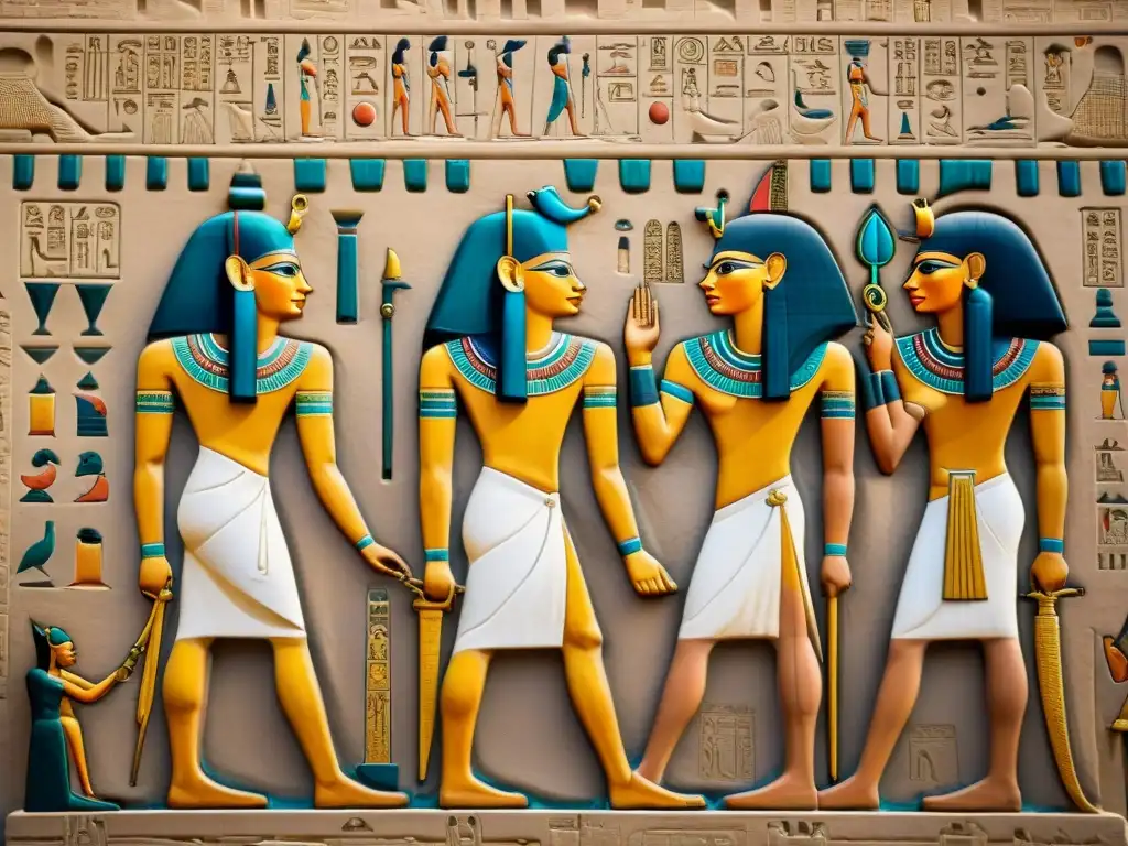 Relieve detallado de Ramsés II en reunión diplomática con enviados extranjeros en un templo de Egipto