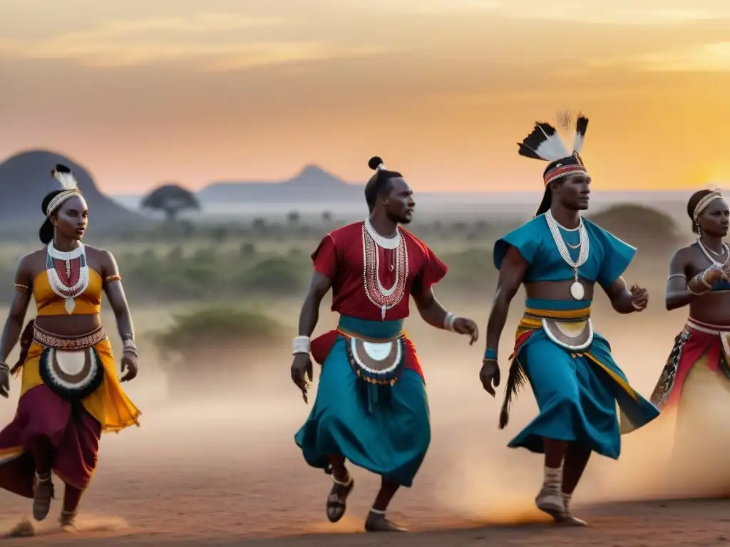 Renacimiento cultural de los reinos del sur de África: Bailarines indígenas en trajes vibrantes danzando al atardecer en la sabana