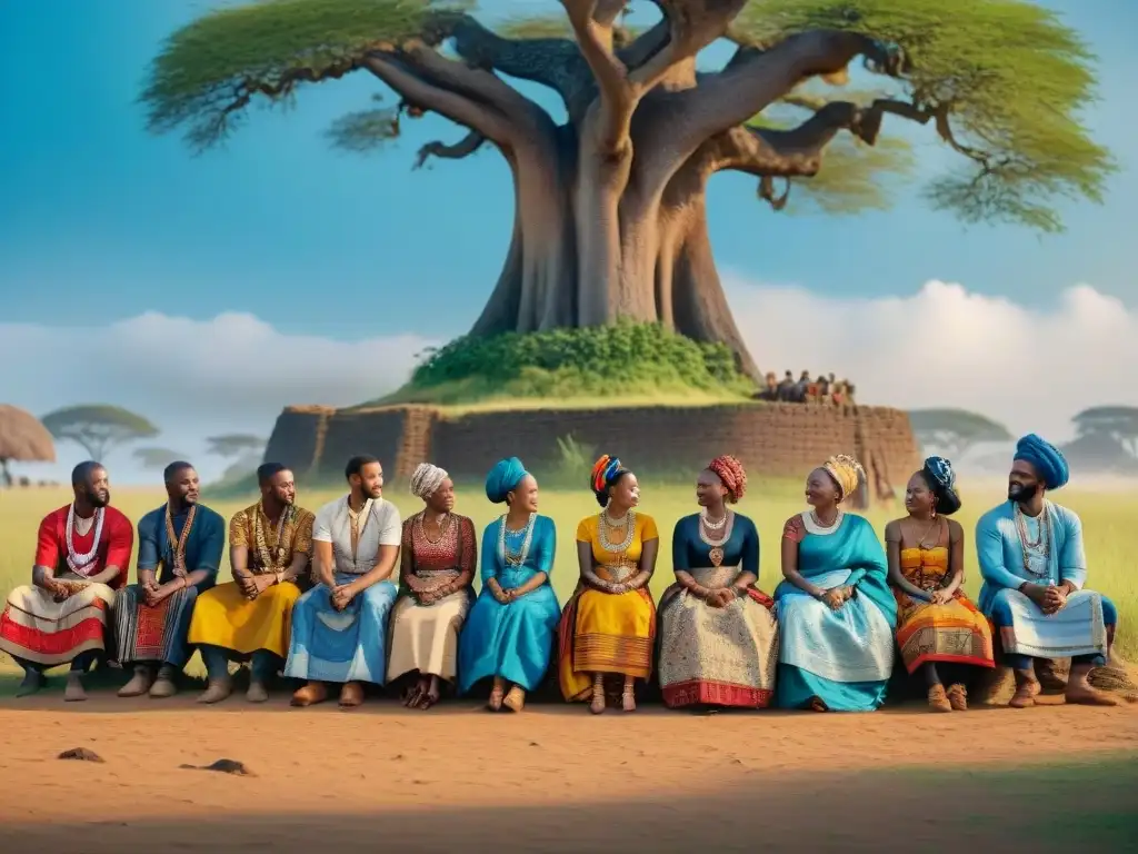 Renacimiento cultural en reinos del sur de África: grupo diverso en coloridos atuendos tradicionales, debatiendo bajo un árbol