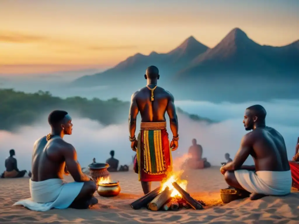 Renacimiento de religiones africanas siglo XXI: Ceremonia vibrante al atardecer, adoradores danzan y tocan instrumentos frente al fuego sagrado