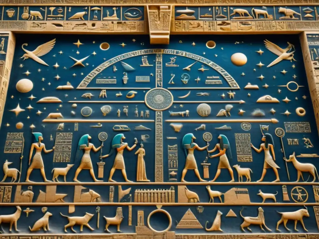 Una representación detallada del techo zodiacal de Dendera, un calendario astronómico egipcio ubicado en el Templo de Hathor en Egipto