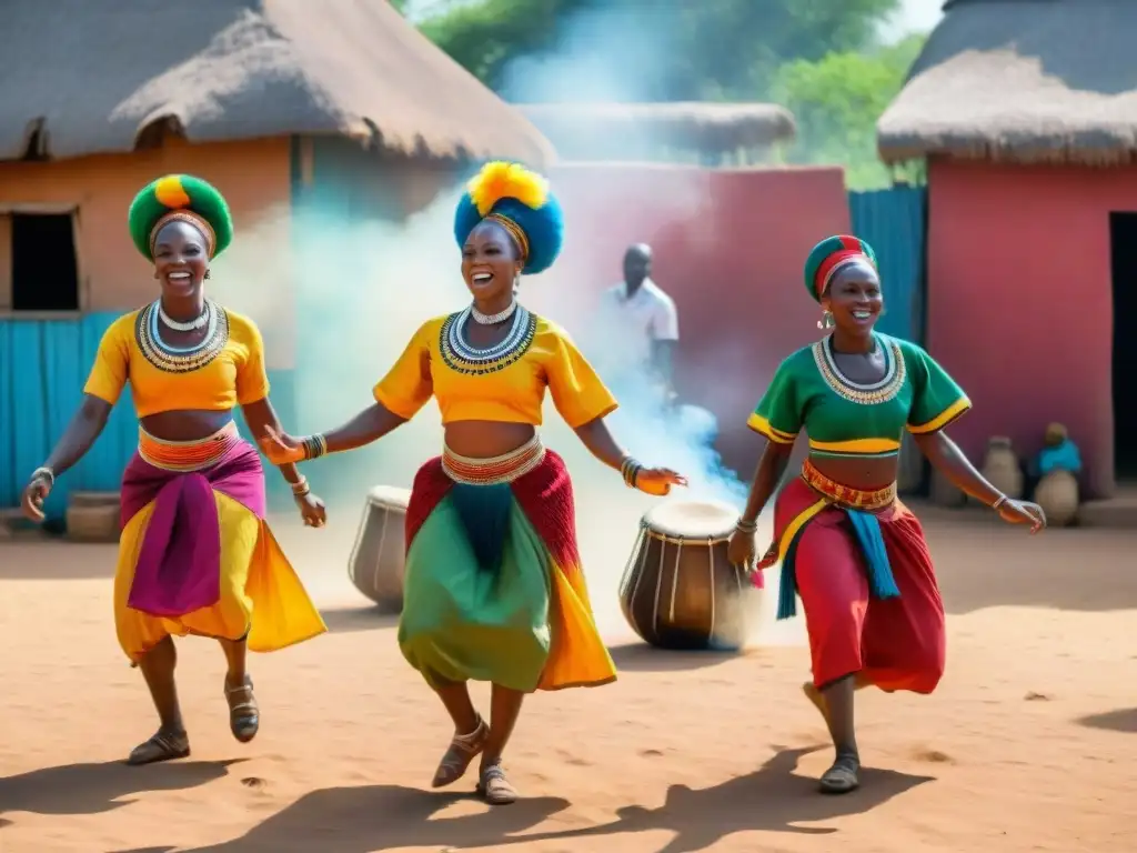 Rescate de danzas africanas olvidadas: Grupo de bailarines tradicionales en un vibrante pueblo africano al sol