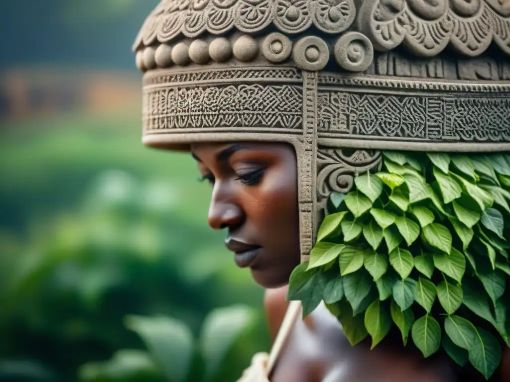 Restauración de monumentos antiguos en África: Detalle de monumento de piedra centenario entre vegetación exuberante