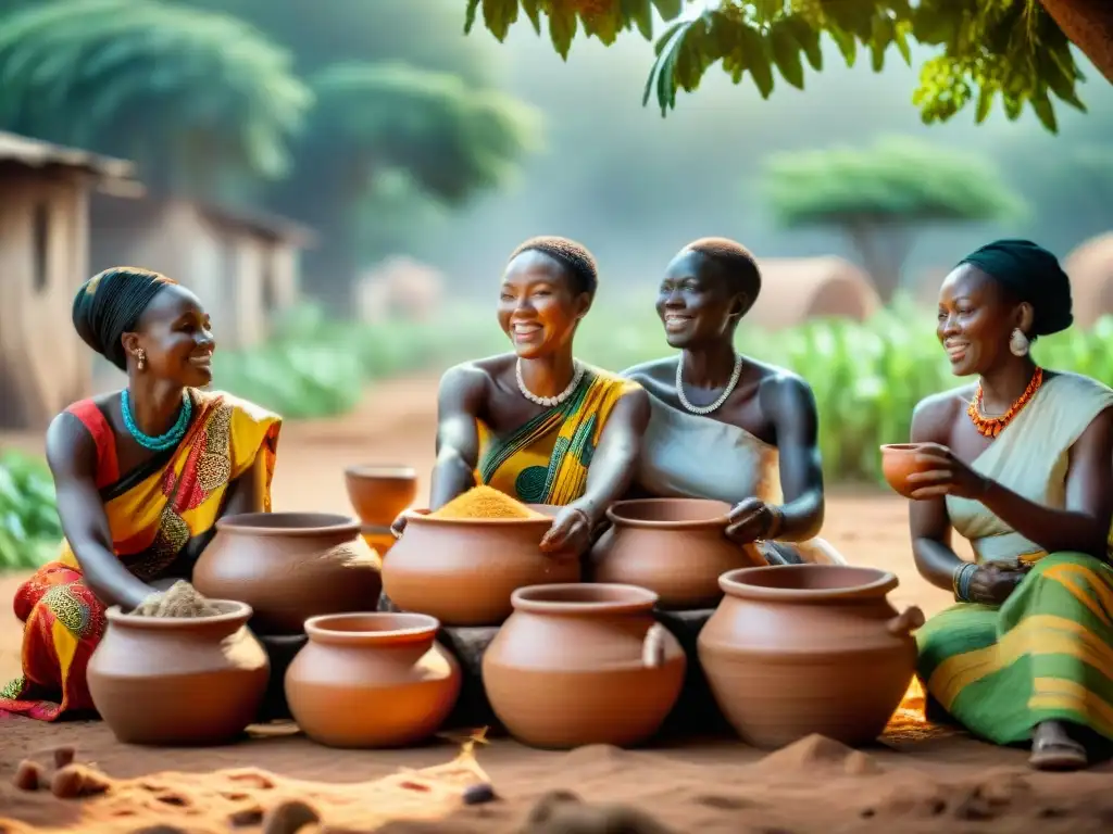 Un retrato conmovedor de mujeres africanas elaborando alimentos fermentados, mostrando la influencia del arte culinario y la fermentación en África