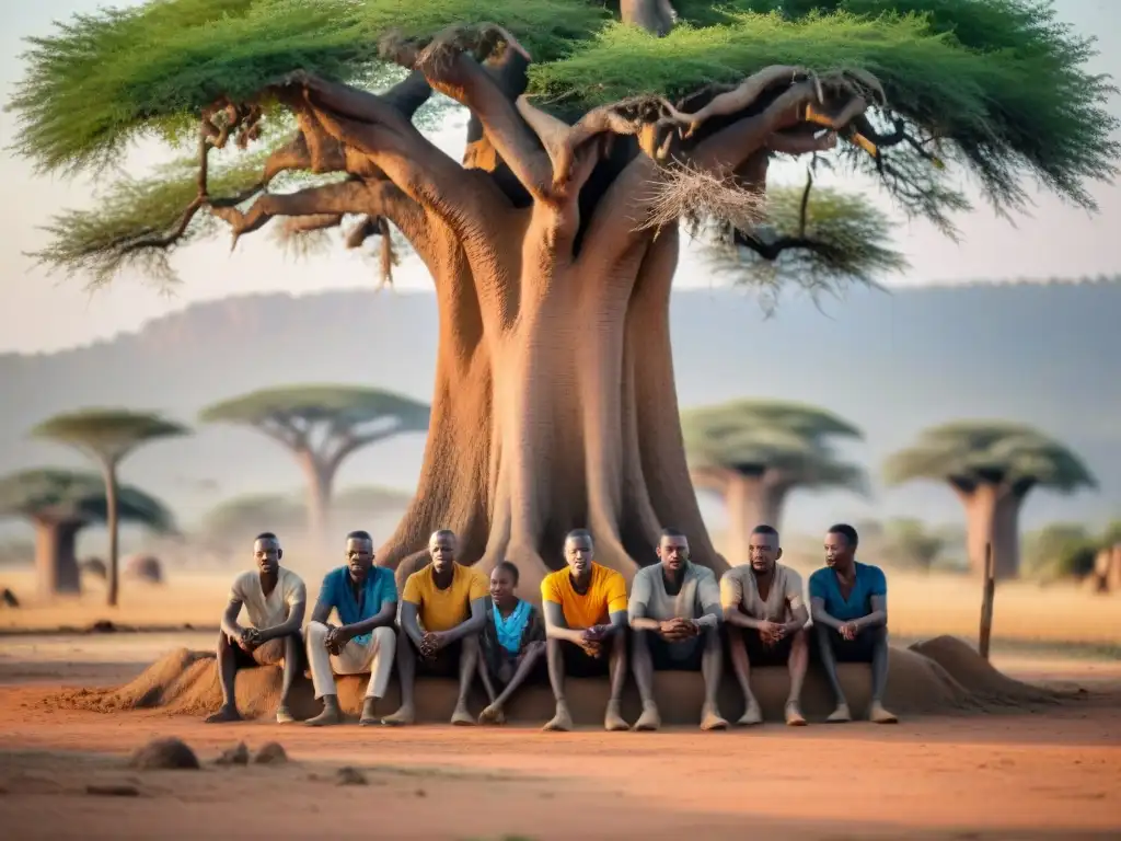 Retrato conmovedor de personas viviendo con VIH en África, compartiendo historias bajo un baobab centenario