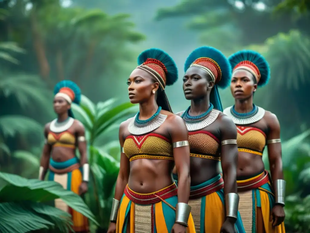 Un retrato detallado de las Amazonas de Dahomey, mujeres guerreras de la historia africana, con vestimenta tradicional y expresiones decididas