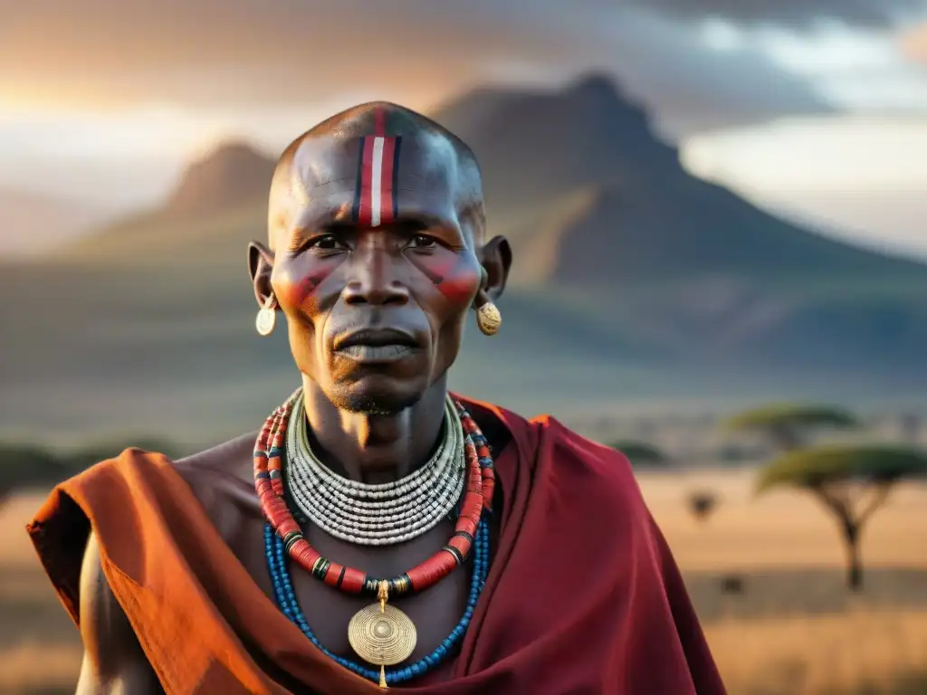 Retrato detallado de un anciano masái en atuendo tradicional, orgulloso en la sabana africana al atardecer