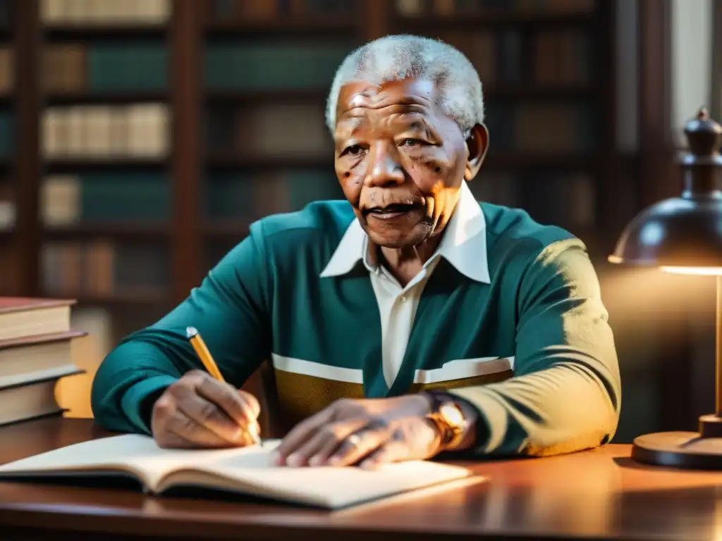 Retrato detallado de Nelson Mandela en su escritorio, rodeado de libros y papeles, en profunda reflexión bajo la luz del sol