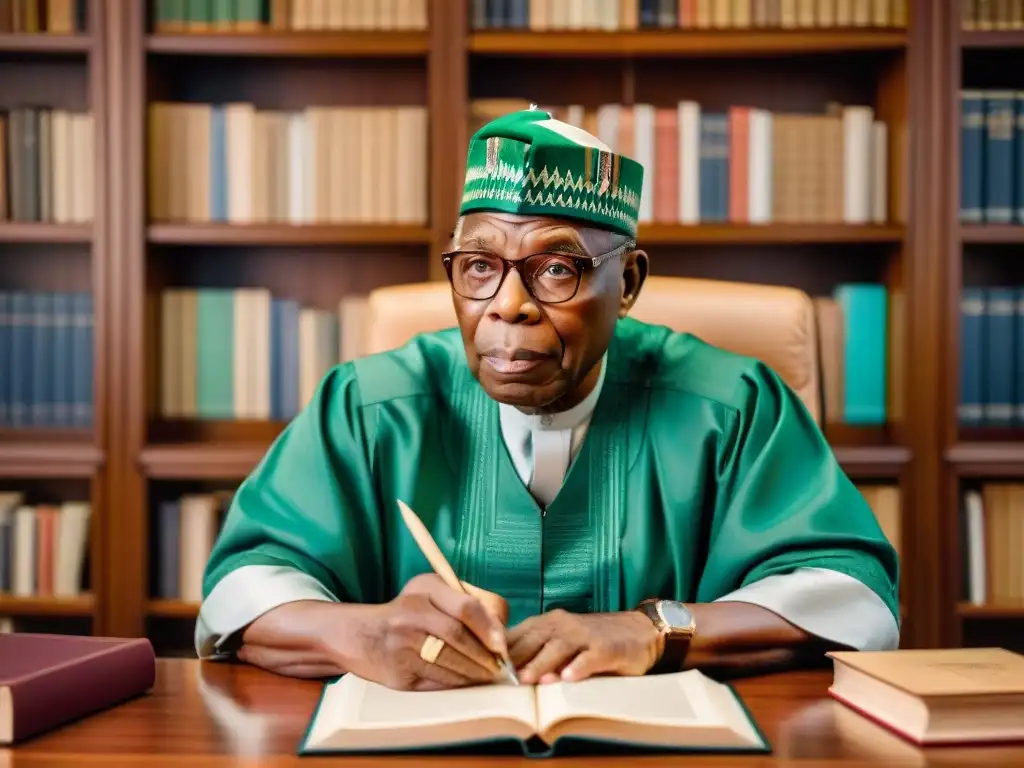 Retrato detallado de Olusegun Obasanjo, expresidente de Nigeria, escribiendo su autobiografía 'My Life'