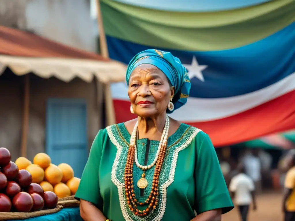 Retrato detallado de Ellen Johnson Sirleaf frente a la bandera de Liberia, en un mercado de Monrovia