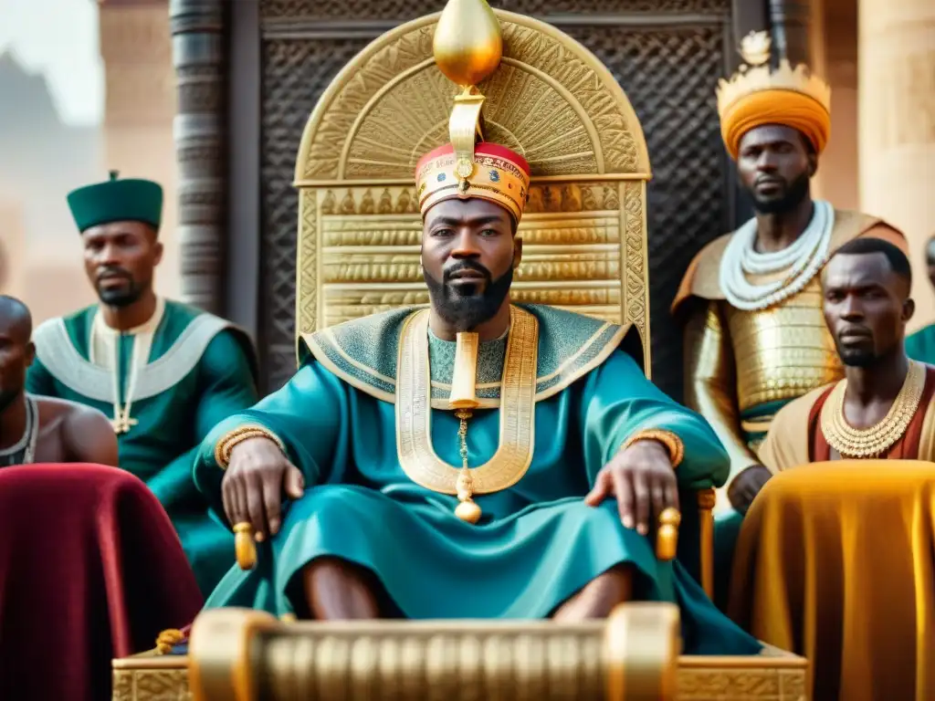 Un retrato detallado de Mansa Musa, el legendario emperador del Imperio de Malí, rodeado de su corte real en un trono dorado