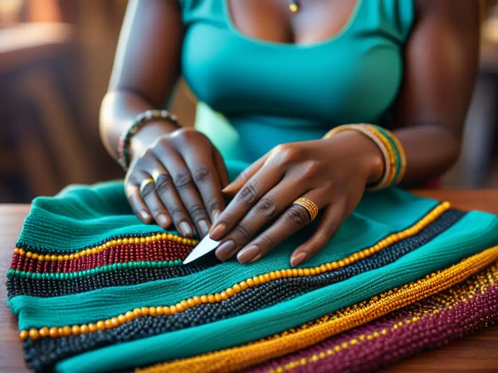 Un retrato detallado de manos femeninas africanas tejiendo patrones intrincados en tela vibrante, en un taller iluminado con orgullo y determinación