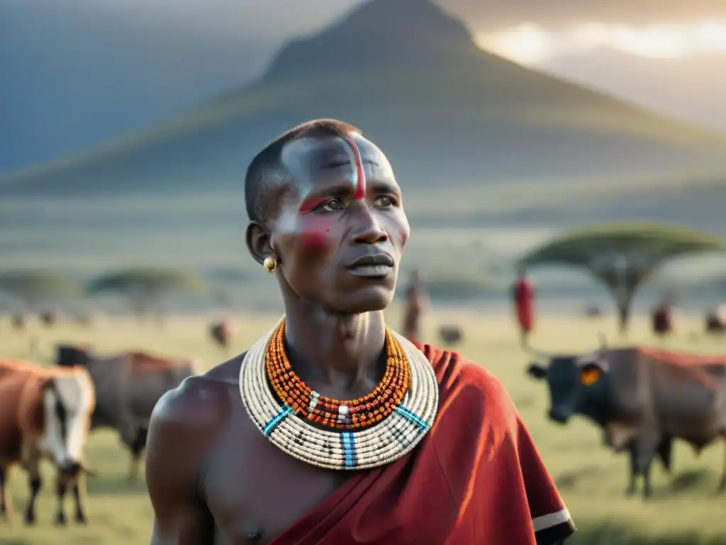 Retrato detallado de un masái con atuendo tradicional y joyería de cuentas, en la sabana de Kenia al atardecer