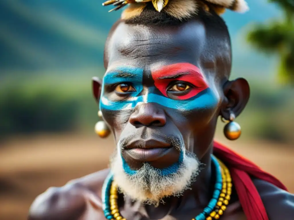 Un retrato detallado de un miembro de la tribu Mursi con pinturas faciales y mirada pensativa