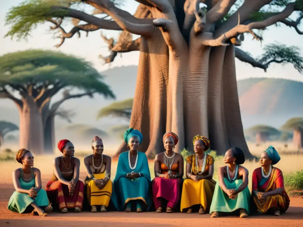 Un retrato detallado de mujeres africanas de diferentes tribus, bajo un baobab, demostrando la influencia global de los matriarcados africanos