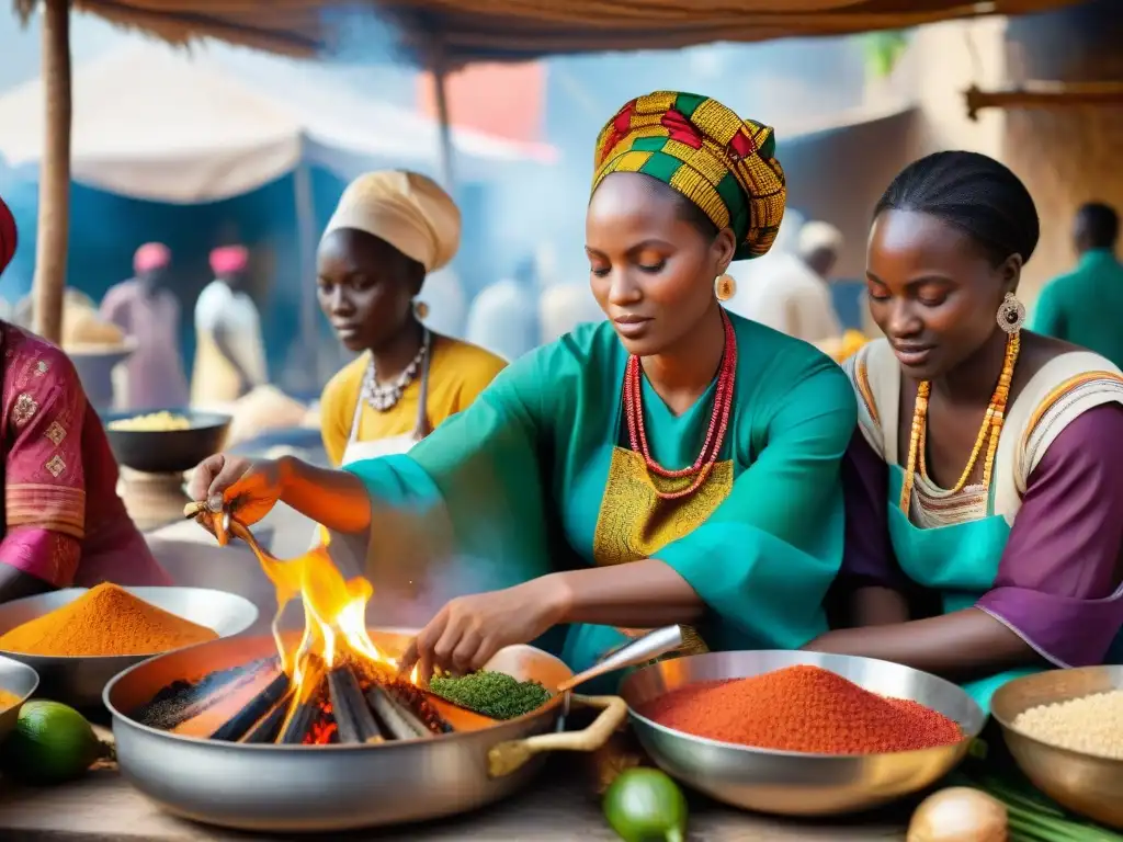 Un retrato detallado de mujeres africanas en un mercado preparando platos africanos de resistencia con orgullo y destreza