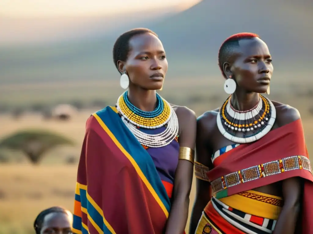 Un retrato documental vibrante de mujeres Maasai con coloridos atuendos tradicionales y joyas, en la sabana africana al atardecer