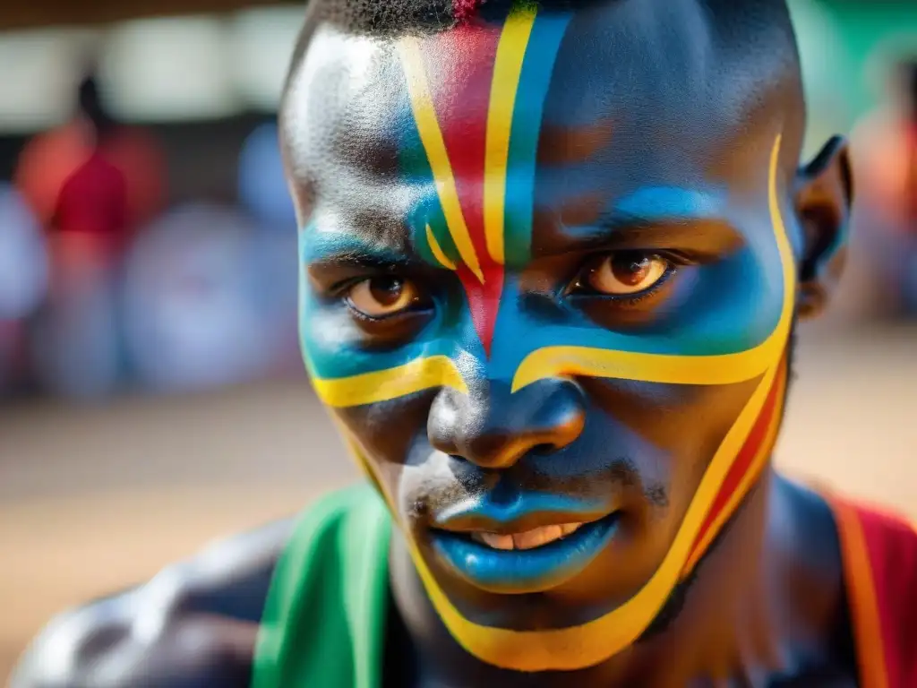 Un retrato intenso de un luchador senegalés, con pintura facial colorida y detallada, listo para un combate de Lucha Libre Senegalesa