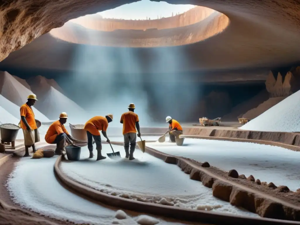 Un retrato de las minas de sal en África: mineros trabajan con esfuerzo en túneles, extrayendo cristales blancos