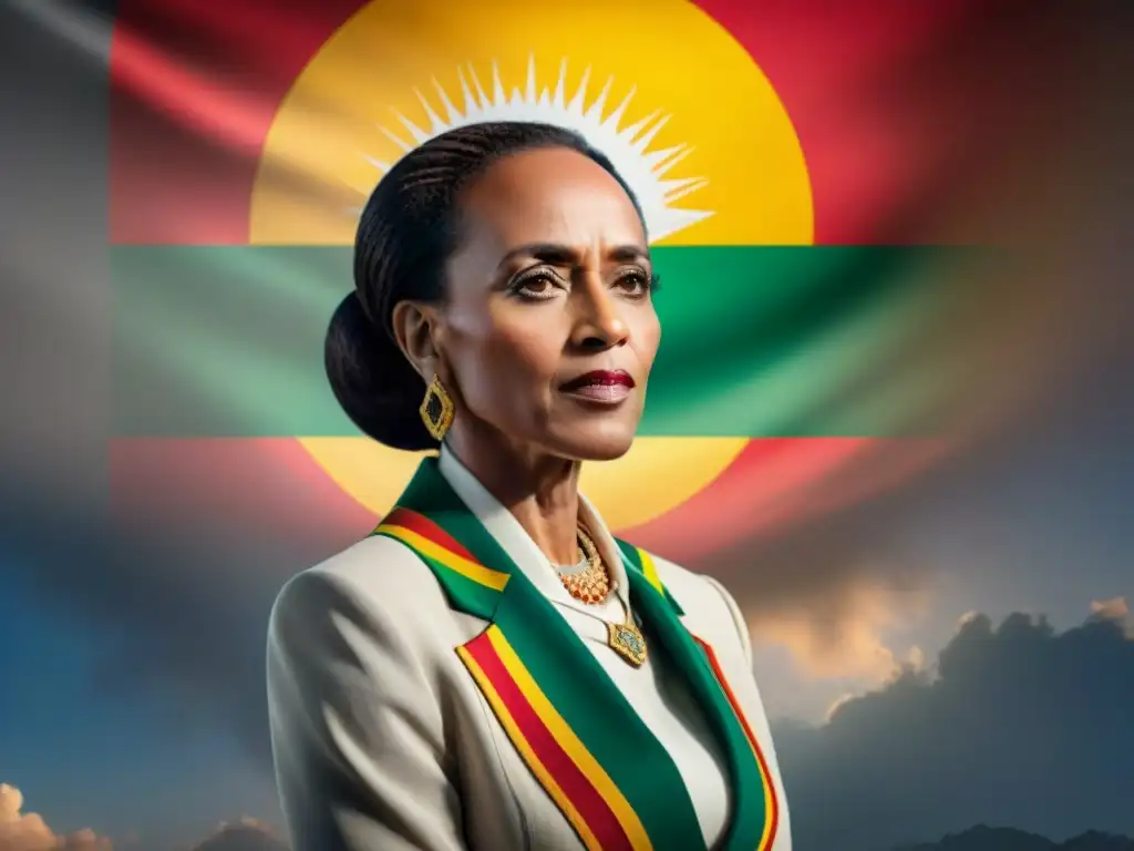 Retrato de Sahle-Work Zewde, primera Presidenta de Etiopía, irradiando poder y gracia en atuendo tradicional, con la bandera etíope ondeando al fondo