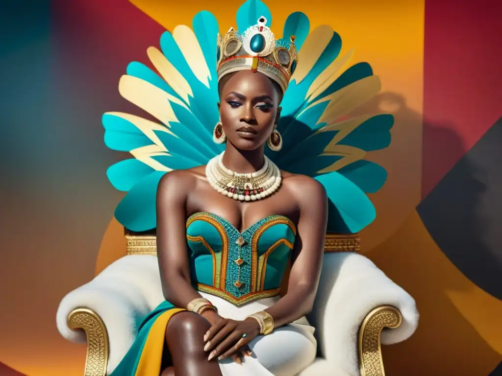 Un retrato vibrante y detallado de un rey o reina africano moderno, con atuendo regio tradicional, sentado en un trono majestuoso