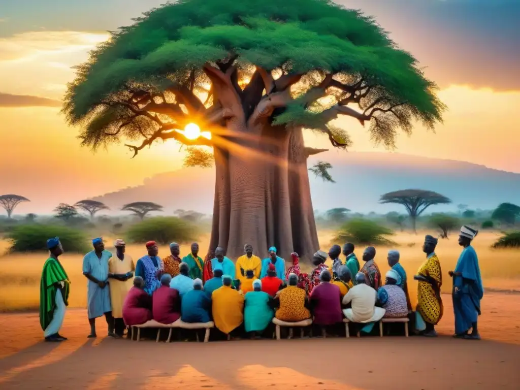 Reunión de aldea africana bajo baobab, con ancianos vestidos de colores discutiendo principios democráticos gobierno africano precolonial