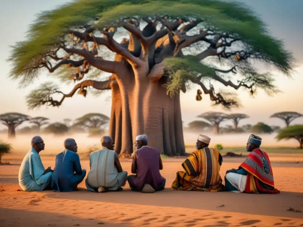 Reunión de ancianos africanos bajo un Baobab, reflejando la influencia de creencias en leyes africanas