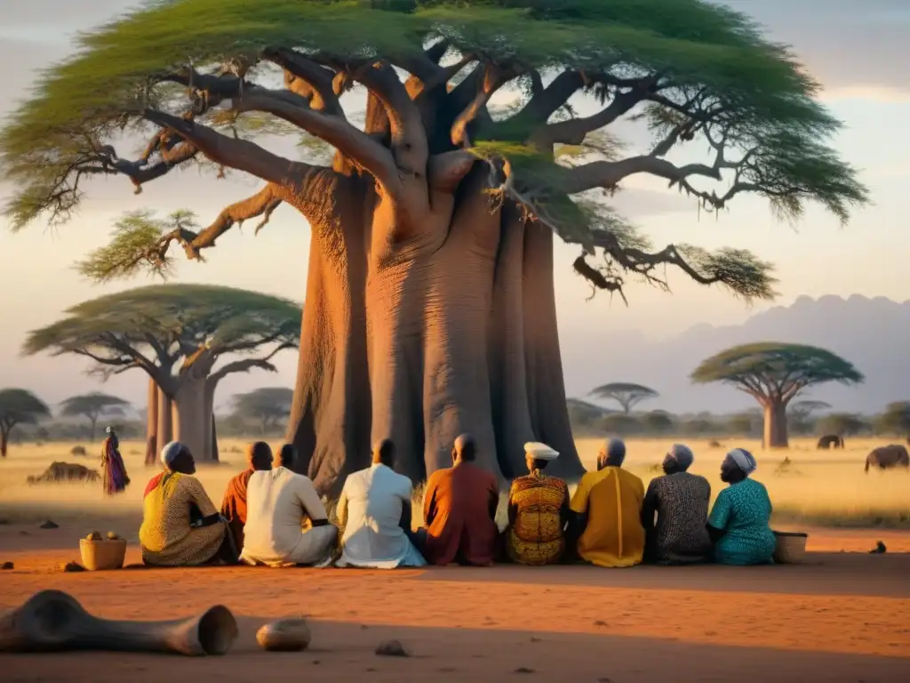 Reunión de ancianos africanos bajo un baobab, con rostros sabios y vestimenta tradicional