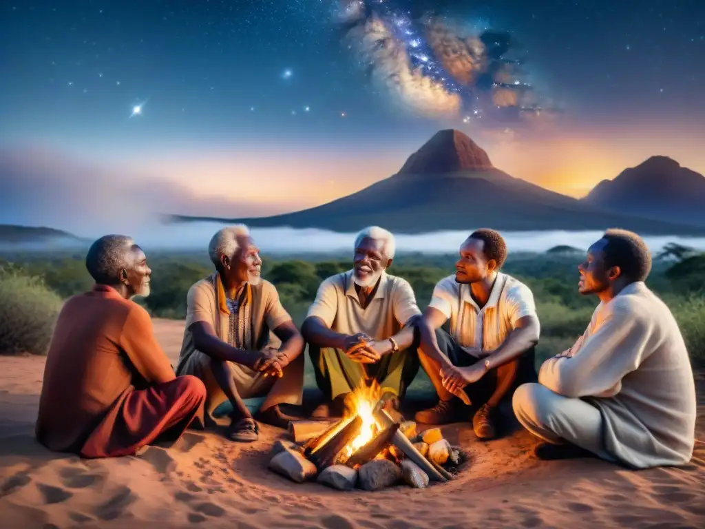 Reunión de ancianos africanos haciendo observaciones astronómicas ancestrales alrededor de una fogata en la noche estrellada