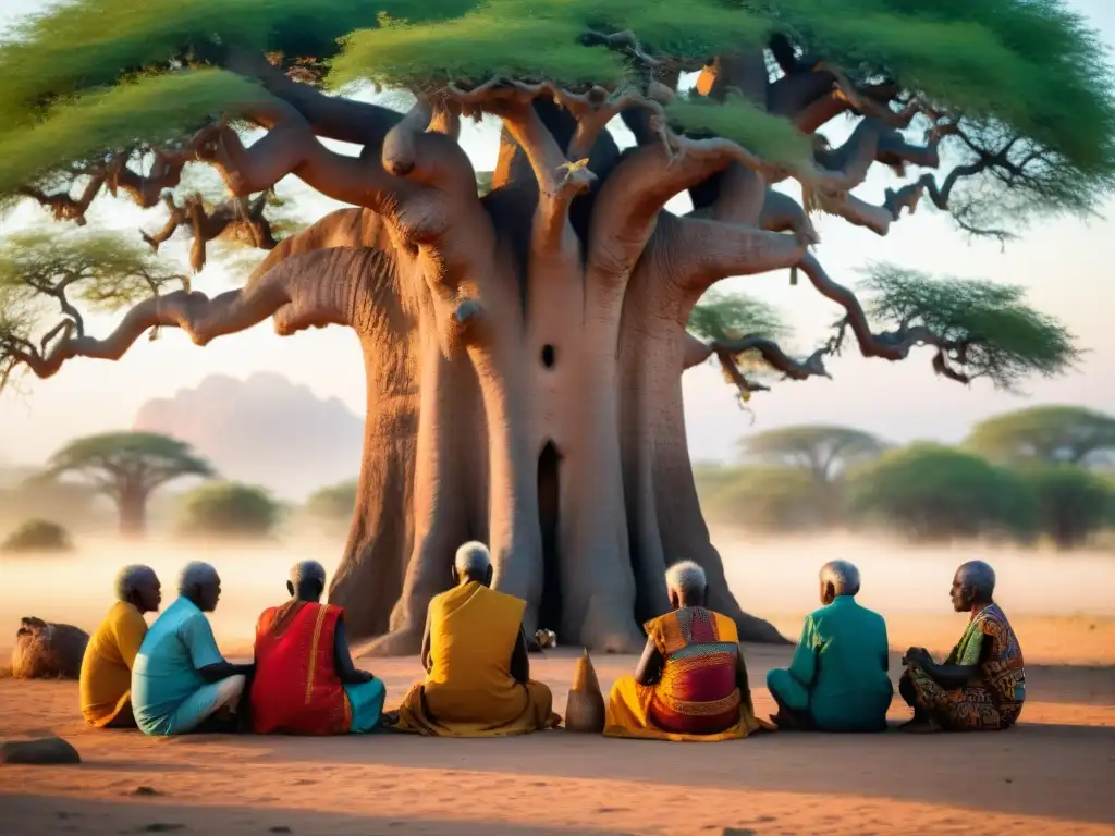 Reunión de ancianos africanos bajo baobab en prácticas colectivas espiritualidad africana