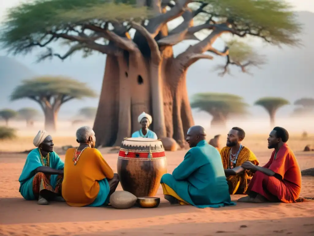 Reunión de ancianos africanos bajo baobab, en profunda conversación, rodeados de instrumentos musicales tradicionales