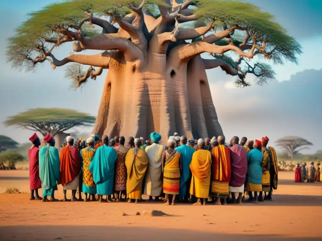 Reunión de ancianos bajo un baobab en aldea africana, reflejo de principios democráticos gobierno africano precolonial