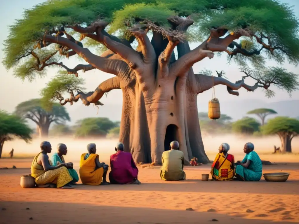 Reunión de ancianos bajo un baobab en aldea africana, resaltando importancia del tiempo en tradiciones africanas