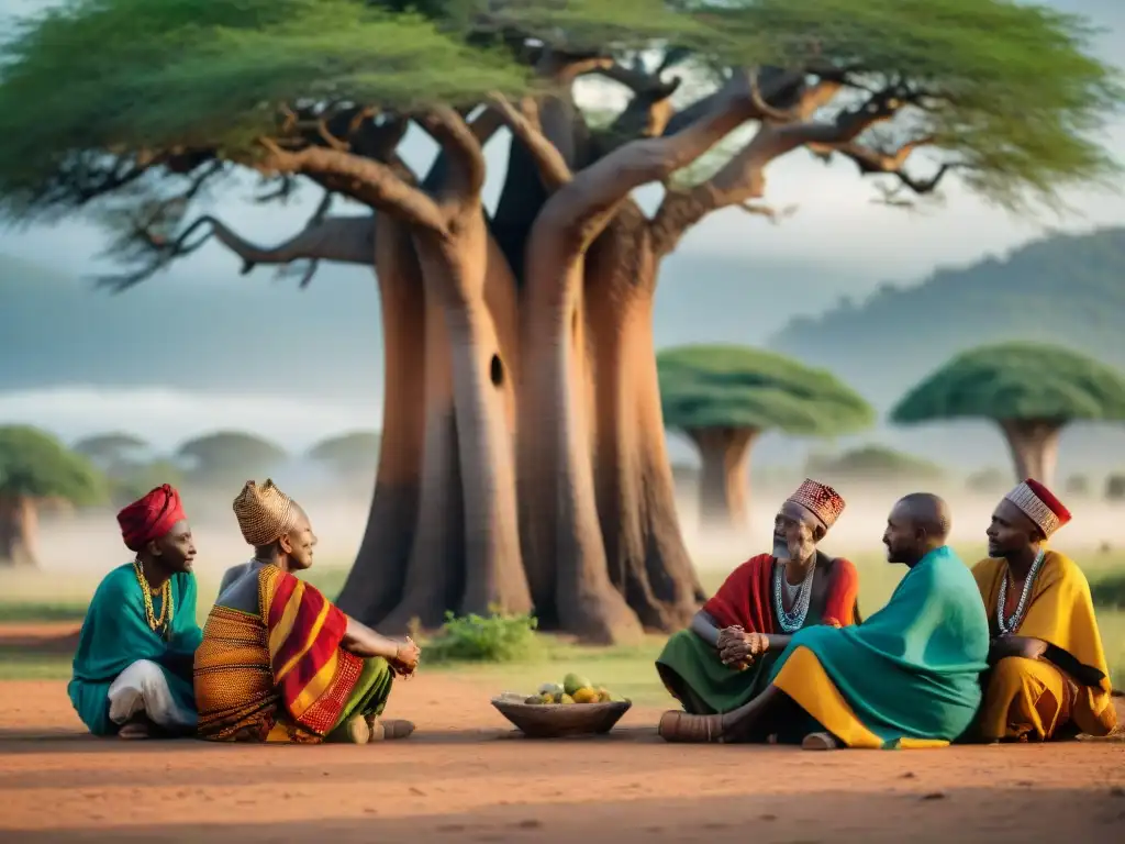 Reunión de ancianos Swahili bajo un baobab, vistiendo kanga coloridas