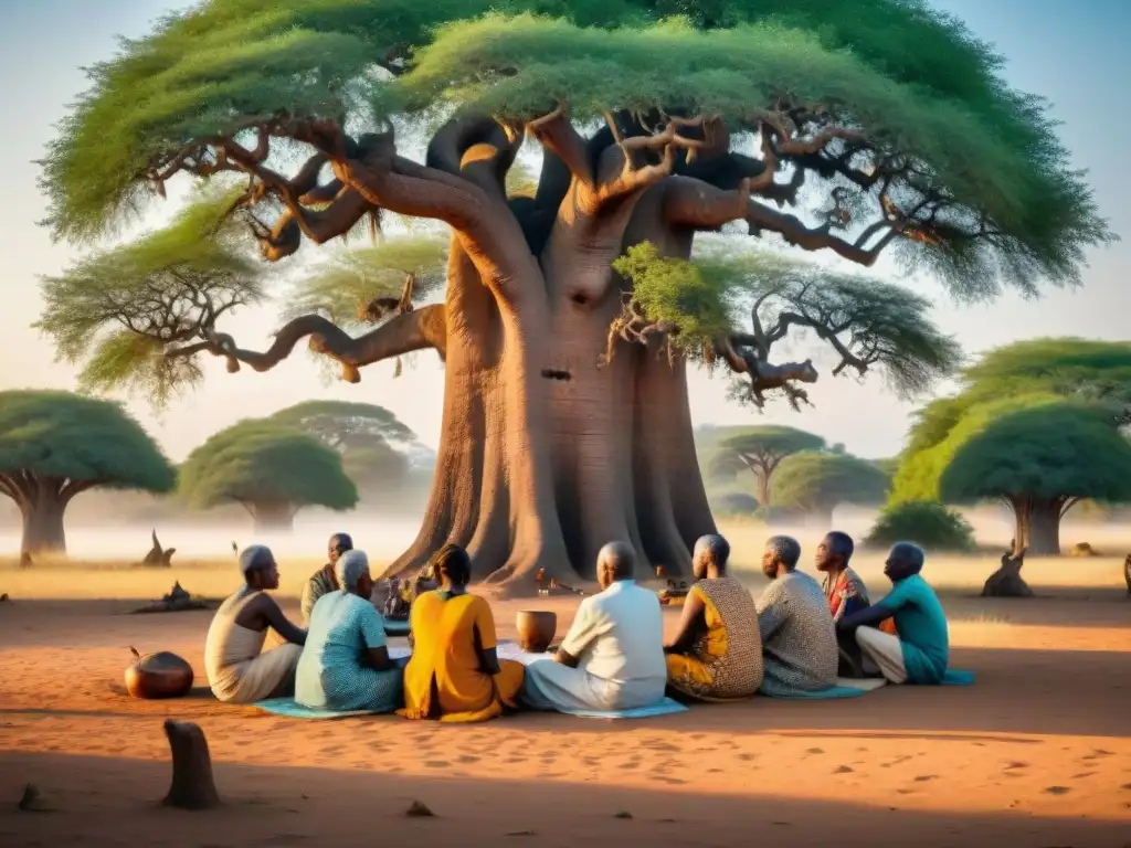 Reunión de ancianos indígenas en África occidental bajo un baobab, discutiendo y trazando códigos secretos Nsibidi