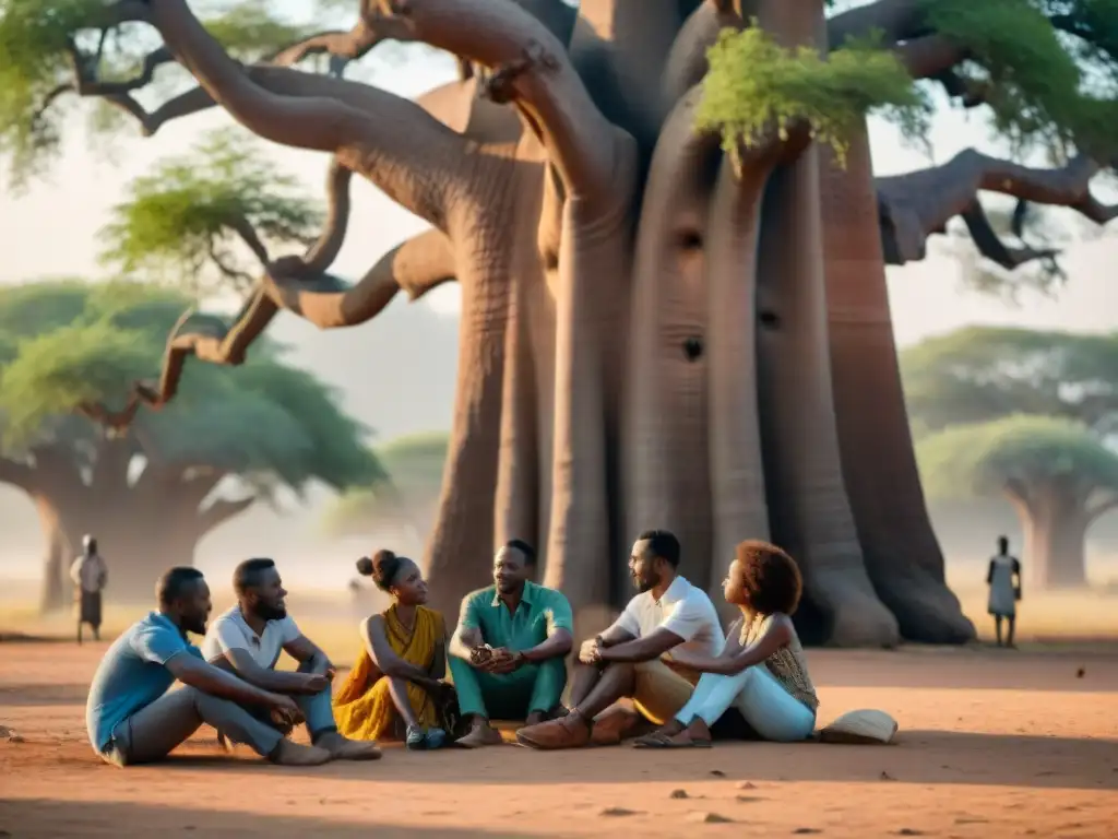 Una reunión animada bajo el baobab: hombres y mujeres africanos discuten sobre criptomonedas en remesas africanas