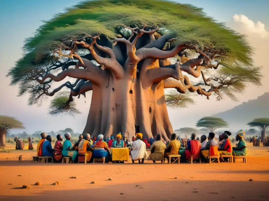 Reunión comunitaria bajo baobab en África, reflejando Gobierno no centralizado en África