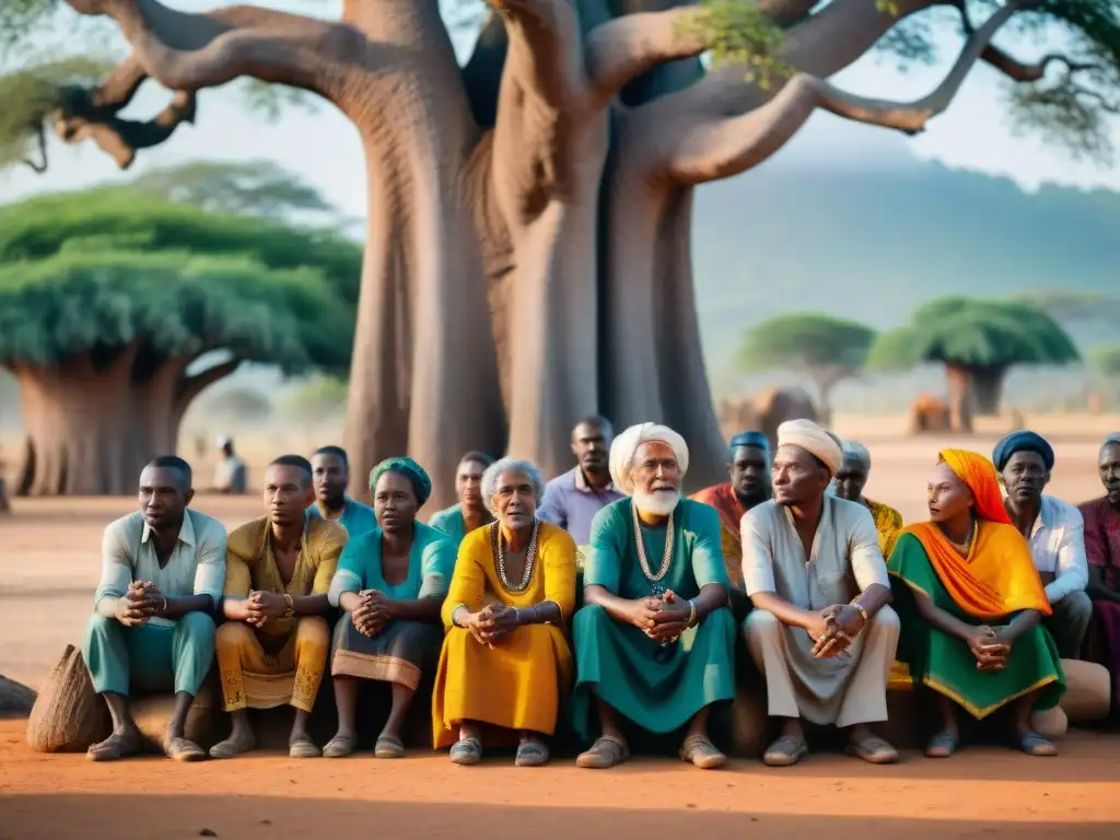 En una reunión del consejo de un pueblo africano, una anciana transmite sabiduría bajo un baobab centenario