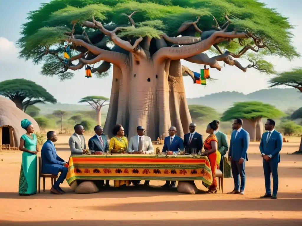 Una reunión diplomática bajo un baobab en aldea africana