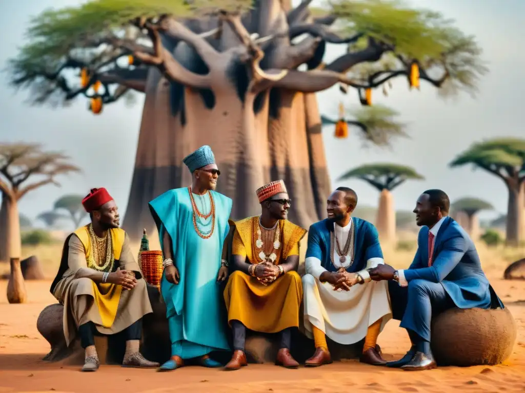 Una reunión diplomática en reinos africanos bajo un baobab ancestral