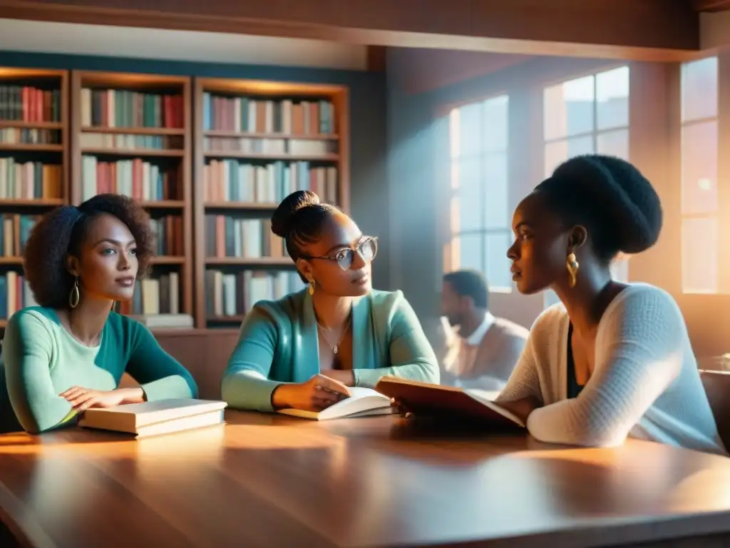 Una reunión de escritores de diáspora africana discutiendo en una mesa llena de libros, reflejando la influencia global en la literatura