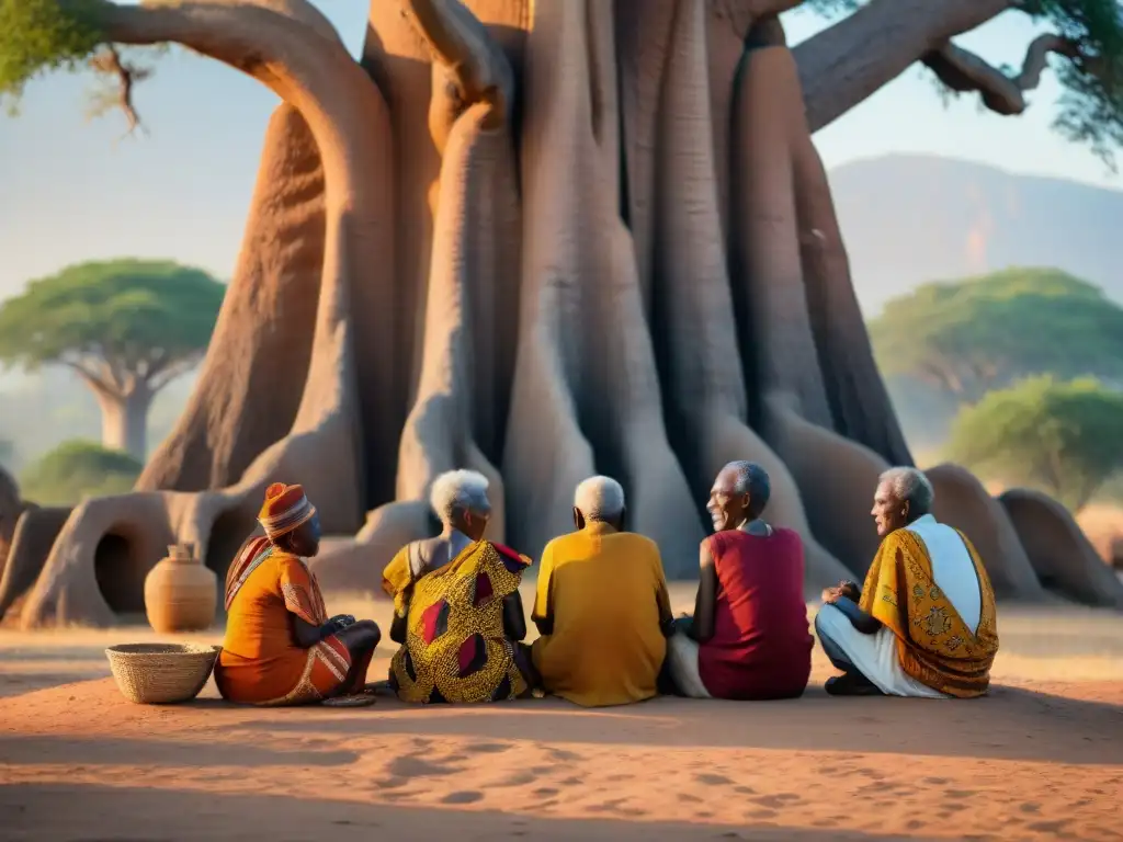 Reunión espiritual de ancianos africanos bajo un baobab: preservación de civilizaciones y tradiciones