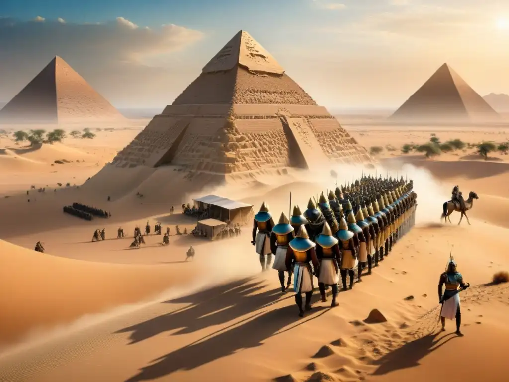 Reunión estratégica de guerreros egipcios y nubios en el desierto Reunión estratégica de guerreros de Egipto y Nubia planificando tácticas militares en el ardiente desierto