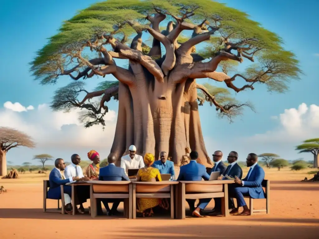 Reunión de inversores y líderes africanos bajo un baobab, fusionando sabiduría tradicional con desarrollo sostenible en África