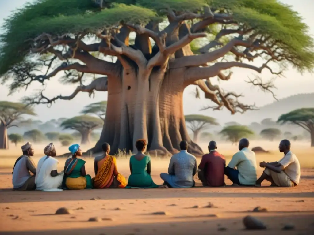 Una reunión de líderes africanos bajo un baobab, unidos por la sostenibilidad ecológica